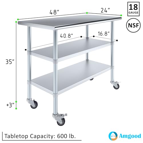 AmGood Stainless Steel Work Table with 2 Shelves and Casters | Metal Utility Table On Wheels (Stainless Steel Work Table with 2 Shelves + Casters, 48" Long x 24" Deep) - size: 48" Long x 24" Deep