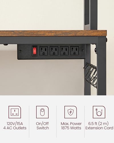 VASAGLE Bakers Rack with Power Outlet, Microwave Stand, Kitchen Tall Utility Storage Shelf, with Metal Wire Panel, 14 Hooks, 15.7 x 23.6 x 66.9 Inches, Rustic Brown and Ink Black UKKS037B01 - color: Rustic Brown + Ink Black, size: 23.6"W