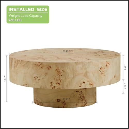 Coffee Table Round Wood 31.49" W X 13.77''h for Living Room Small Short Modern Coffee Tables Natural Burl Circle Drum Tea Center Cocktail Fluted Handcraft Home Furniture for Apartment Easy Assembly - color: 31.5 Natural Burl