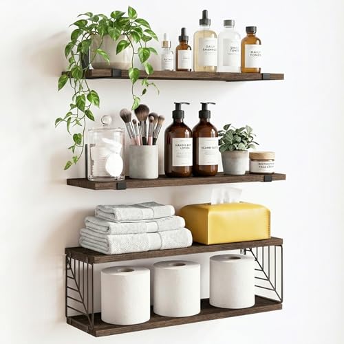 Fixwal 3+1 Tier Bathroom Floating Shelves Over Toilet, Dark Brown | Dark Brown Wood Shelf Set with Toilet Paper Storage Basket, Natural Finish, 40Lb Weight Limit, Quick Mount, Versatile - color: Dark Brown