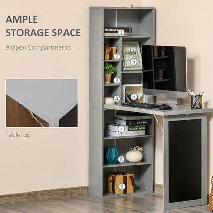 Fold Out Desk with Blackboard, Convertible Foldable Wall Desk with Side Shelf for Home Office Living Room Bedroom, Space-Saving