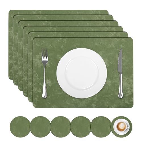comfoyar Faux Leather Placemats with Coasters Set of 6, 12x17 Inch Heat Resistant Dual-Sided Imitation Velvet Green Place Mats, Waterproof Wipeable Table Mats for Kitchen Dining Party Decoration - color: Green, size: 12x17 Inch