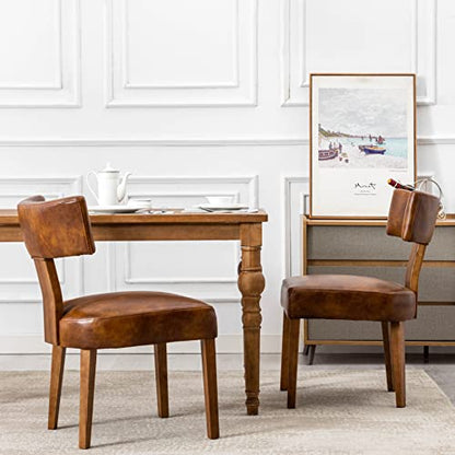 RIVOVA Set of 4 Mid Century Modern Dining Chairs, Farmhouse PU Leather Upholstered Dining Room Chairs Kitchen Chairs Side Armless Chairs with Curved Backrest Wood Legs, Brown - color: Brown Curved