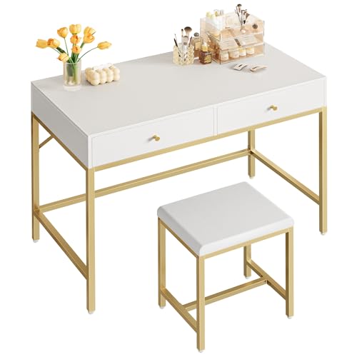 SUPERJARE 35.4" White and Gold Desk with 2 Drawers, Modern Makeup Vanity | Vanity with Padded Stool, Small Computer Desk Home Office Desk for Writing Study Bedroom - color: Gold and White, size: 35.4 inch