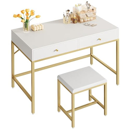SUPERJARE 35.4" White and Gold Desk with 2 Drawers, Modern Makeup Vanity | Vanity with Padded Stool, Small Computer Desk Home Office Desk for Writing Study Bedroom - color: Gold and White, size: 35.4 inch