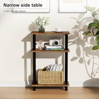 Apicizon Small Narrow Side Table, 3-Tier Skinny End Table for Small Spaces, Slim Nightstand with Storage Shelf, Bedside Table for Living Room, Bedroom, Rustic Brown and Black - color: Rustic Brown and Black, style: Narrow Side Table