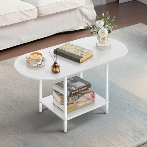 White Coffee Tables for Living Room,Mid Century Oval Center Table with Storage Shelf and Wood Tabletop,2-Tier Modern Narrow Cocktail Tea Table for Small Space,Small Apartment - color: White