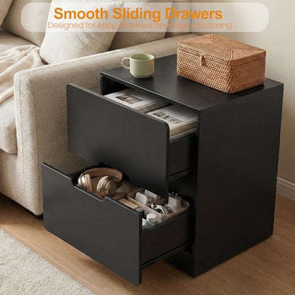 RoyalCraft Black Nightstand Set of 2, Night Stand with Drawers, Modern Bedside Table with Handless Design, Wood End Table for Bedroom, Hallway - color: Black, size: 2 Pieces