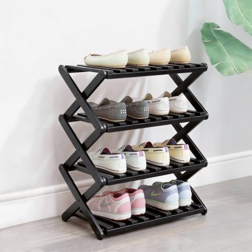 4 Tier Bamboo Shoe Rack Black,Portable Folding Shoe Storage Rack,Without Installation Small Shoe Rack Perfect for Corridors, Drom, Bedrooms and Small Spaces - color: Black, size: 4 Tier