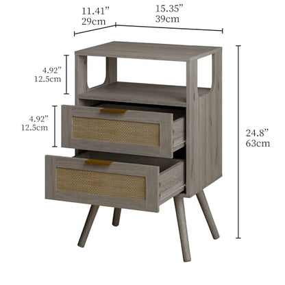 JOONEE Rattan Nightstand,Farmhouse Bedside Table with 2 Storage Drawer and Open Wood Shelf, for Bedroom and Small Spaces,Night Stand with Solid Wood Legs (Grey Oak) - color: Grey Oak