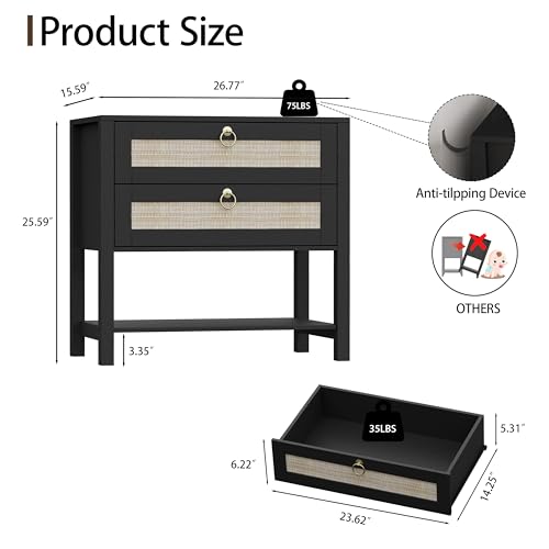 Xixini Rattan Nightstand with 2 Drawers and Open Shelf, 27" Wide Boho Bedside Table with Brass Knobs, Mid-Century Modern Wooden End Table for Bedroom, Black - color: Black