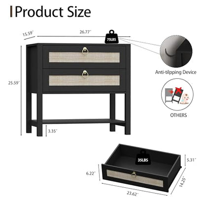 Xixini Rattan Nightstand with 2 Drawers and Open Shelf, 27" Wide Boho Bedside Table with Brass Knobs, Mid-Century Modern Wooden End Table for Bedroom, Black - color: Black