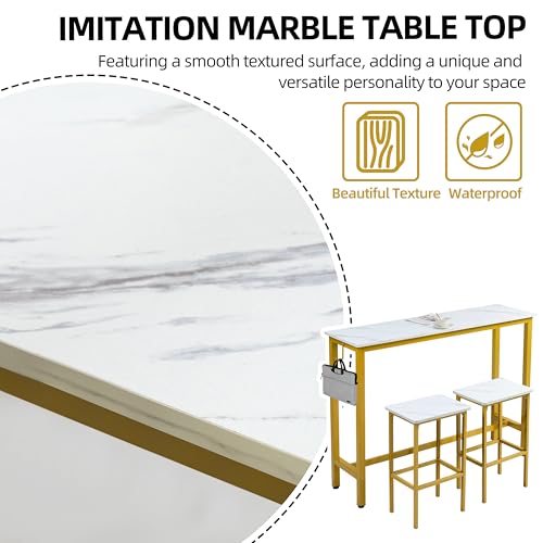 Finnhomy 52.7" Industrial Bar Table Set with 2 Stools - Counter Height Dining & Pub Table for Small Spaces, Kitchen, Apartment, Nook - Metal & Wood, Space-Saving Furniture - White Marble and Gold - color: White Marble + Gold, size: 52.7" Bar Table