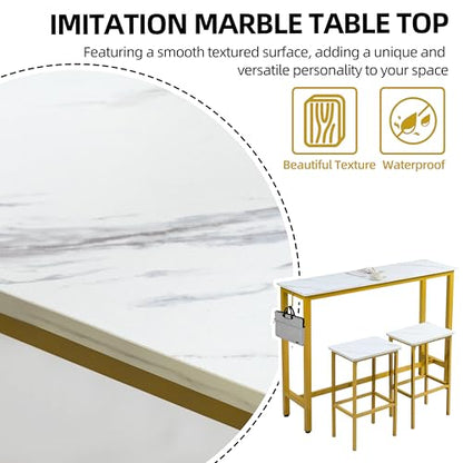 Finnhomy 52.7" Industrial Bar Table Set with 2 Stools - Counter Height Dining & Pub Table for Small Spaces, Kitchen, Apartment, Nook - Metal & Wood, Space-Saving Furniture - White Marble and Gold - color: White Marble + Gold, size: 52.7" Bar Table