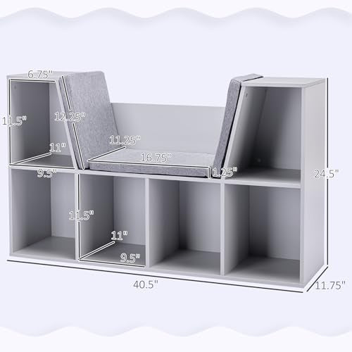 HOMCOM 6-Cubby Kids Bookcase with Reading Nook and Cushion, Multi-Purpose Storage Organizer for Bedroom, Living Room, Grey - color: Grey