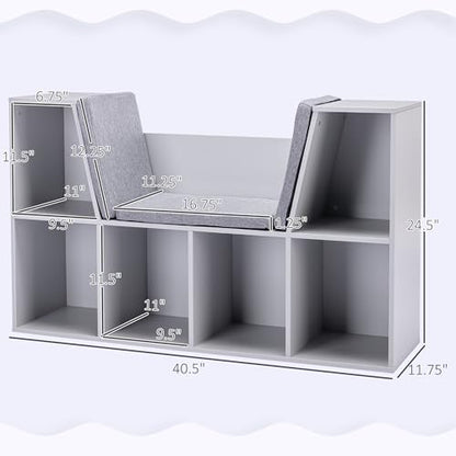 HOMCOM 6-Cubby Kids Bookcase with Reading Nook and Cushion, Multi-Purpose Storage Organizer for Bedroom, Living Room, Grey - color: Grey