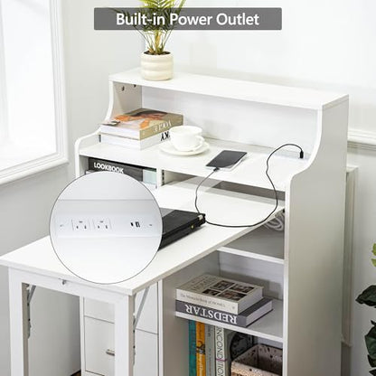 Folding Desk with Storage,Hidden Desk with Lockable Drawers & Shelves, Built-in Power Outlet,Fold Out Desk for Study and Home Office - color: White