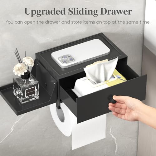 Lifewit Plastic Toilet Paper Holder with Shelf and Drawer, Screw or Adhesive Wall Mount Tissue Roll Storage, Sturdy Bathroom Wipes Dispenser Organizer, Black, 1 Pack - color: Black