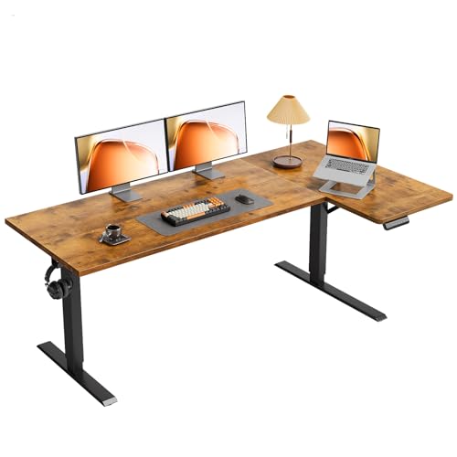 OffiGo Electric L Shaped Standing Desk, 63 Inches Height Adjustable Table, Reversible Corner Stand Up Desk, Lifting Computer Table for Home Office, Computer Workstation, Rustic Brown - color: Rustic Brown, size: 63 Inch