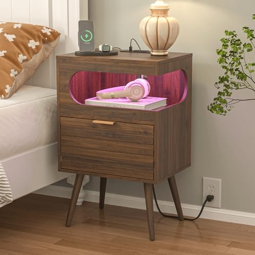 Veegle Nightstand,Modern Bedside Table with Storage Drawer and Open Wood Shelf, Accent Night Stand with Solid Wood Legs for Living Room, Bedroom and Small Spaces,Easy Assembly (Walnut Brown-1) - color: Walnut Brown-1