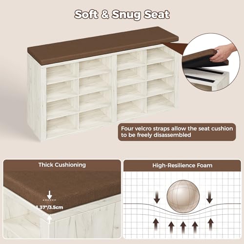 ITEFDTUTNE Shoe Rack Bench 40.94" Entryway Bench with Shoe Storage 16 Cubby Wood Shoe Organizer Bench with Removable Cushion for Hallway, Living Room, Bedroom and Garage - color: White+brown