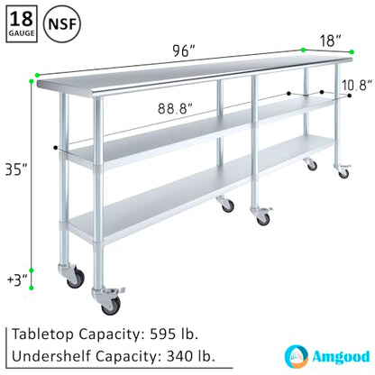 AmGood Stainless Steel Work Table with 2 Shelves and Casters | Metal Utility Table On Wheels (Stainless Steel, 96" Long x 18" Deep) - size: 96" Long x 18" Deep