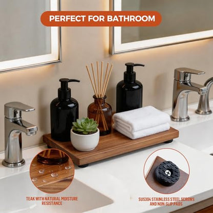 Teak Wood Decorative Small Tray, Bathroom Wood Riser for Decor, Kitchen Counter Wooden Pedestal Stand, Tray for Vanity, Sink & Soap (1, Teak Wood, 12.6" x 6.1" x 1") - size: 12.6" x 6.1" x 1"