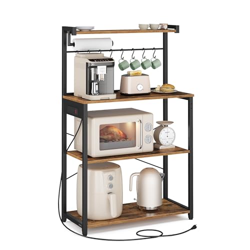 VASAGLE BARNET Collection - Kitchen Bakers Rack with Power Outlet, 31.5-Inch Wide Coffee Bar 4-Tier with 8 S Hooks, Modern Microwave Stand, Adjustable Shelf, Rustic Brown and Ink Black UKKS029KD01 - color: Rustic Brown + Ink Black, size: 31.5"W