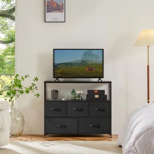 DUMOS TV Stand Dresser with 5 Fabric Storage Drawers, Media Console Featuring Open Shelf for 45 inch TV, Compact Entertainment Unit for Bedroom, Living Space, or Dorm Organization, Black