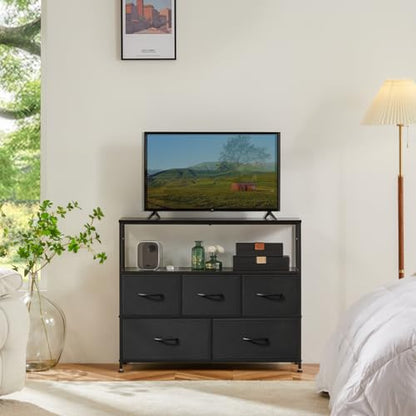 DUMOS TV Stand Dresser with 5 Fabric Storage Drawers, Media Console Featuring Open Shelf for 45 inch TV, Compact Entertainment Unit for Bedroom, Living Space, or Dorm Organization, Black