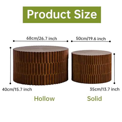 Round Nesting Coffee Table Set of 2 Modern Fluted Coffee Table Walnut Round End Table Small Side Table Circular Coffee Tables Circle Nested Coffee Tables for Living Room (Brown Large) - color: Brown Large