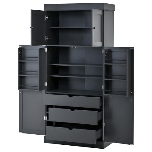 Polibi 77" Tall Freestanding Kitchen Pantry Cabinet, 35" L x 17.7" W Modern Shaker Style Storage Cupboard with Adjustable Shelves, Wine Racks, Drawers, Door Shelves, Grey - color: Grey