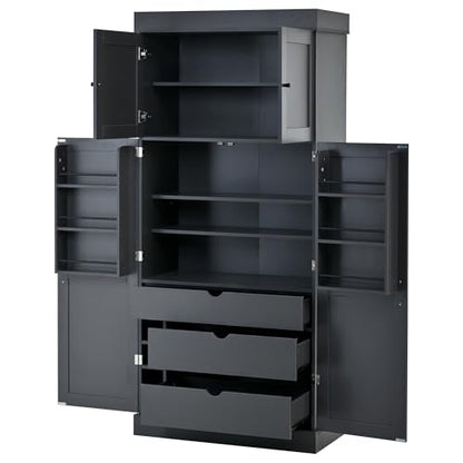 Polibi 77" Tall Freestanding Kitchen Pantry Cabinet, 35" L x 17.7" W Modern Shaker Style Storage Cupboard with Adjustable Shelves, Wine Racks, Drawers, Door Shelves, Grey - color: Grey