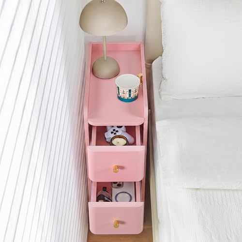 Pink Narrow Nightstand, Wooden Small 2 Drawer Nightstand, Slim Side End Table, Skinny Bedside Table, Mid Century Modern Night Stand with Drawers, for Living Room (Pink-1 pc) - color: Pink-1 Pc