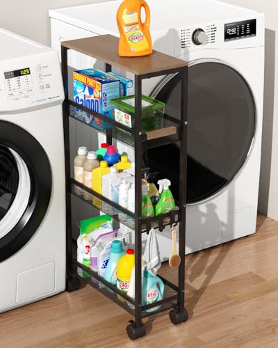 Utility Slim Storage Cart, 4 Tier Rolling Cart with Wheels, Narrow Storage Cabinet for Bathroom, Laundry Shelves for Room Organization, Small Organizer for Kitchen, Office and Dorm (Black) - color: Black, size: 7.2''