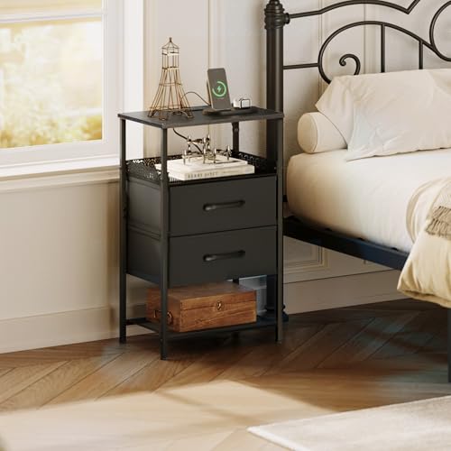 JARHETUN Nightstand Set of 2, Night Stands with Charging Station, 26.4 Inch Tall Bedside Table with Metal Shelf, Side Table with 2 Fabirc Drawers for Bedroom, Black - color: Black, style: Power