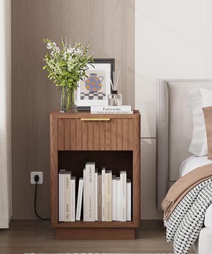 Akxomel Fluted Nightstand, Wooden Night Stand with Charging Station and LED Light, Modern Mid Century End Table with Drawer, 15" D x 15.7" W x 22.6" H, for Bedroom, Walnut - color: Walnut
