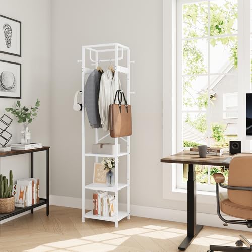 ELYKEN Coat Rack Freestanding, Hall Tree with 3 Storage Shelves and 12 Hooks, Industrial Clothes Rack Stand Organizer for Bedroom, Hallway, Entryway, Office, Living Room, White - color: White