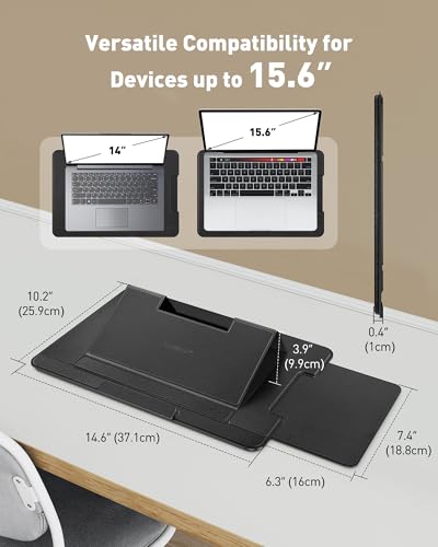 AboveTEK Adjustable Laptop Lap Desk, 3 Ergonomic Angles, PU Leather Non-Slip Surface, Heat Shield, Retractable Mouse Pad, Portable Laptop Lap pad Workstation for Bed, Sofa, Travel - color: Black
