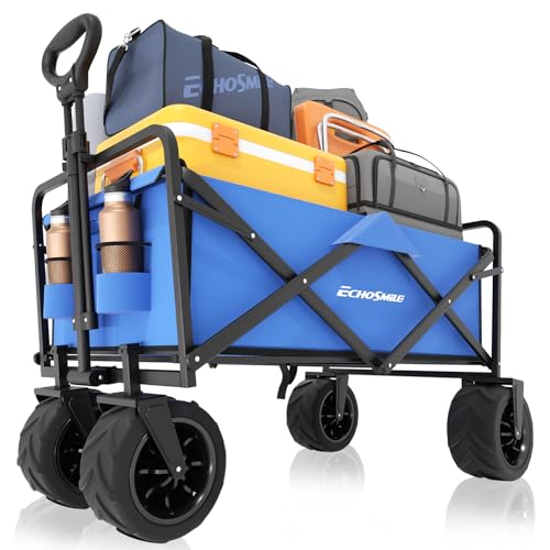 EchoSmile Heavy Duty 350 Lbs Capacity Collapsible Wagon, Outdoor Folding Camping Grocery Portable Utility Cart, Adjustable Rolling Carts, All Terrain Sports Wagon with Big Wheels (Blue-Arrow) - color: Blue-arrow