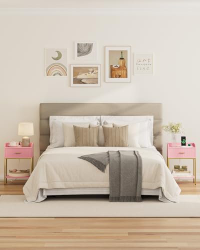Nightstand with Charging Station, 3-Tier Bed Side Table, Small End Table, Night Stand with Open Shelf and Drawer, Bedside Table for Bedroom, Living Room, Pink - color: Pink, style: With Charging Station