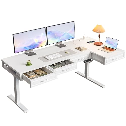 OffiGo L Shaped Electric Standing Desk with Wooden Drawers, 63 Inch Height Adjustable Corner Workstation with Power Outlets, Sit Stand Table for Home, Office, White - color: White, size: 63 Inch