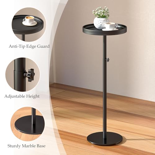 Height Adjustable Drink Table, Small Round Side Table, Weighted Martini Pedestal Tables for Small Spaces, Living Room, Bedroom, Sofa Couch, Office, Black - color: Black