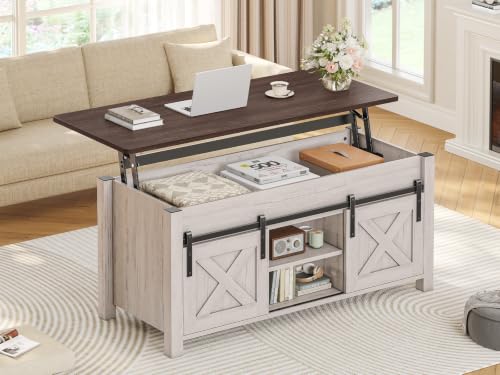 SEDETA Farmhouse Lift Top Coffee Table with Storage for Living Room | Lift Tabletop Dining Table, Gas Spring, Hidden Compartment, Open Storage Shelf, Vintage White - color: Vintage White, size: 19.7"D x 39.3"W