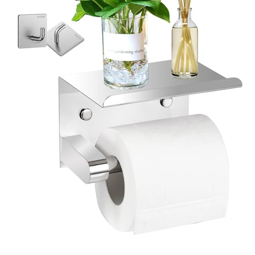 Self Adhesive Toilet Paper Holder with Phone Shelf Stainless Steel | Wall Mounted, Rustproof, 3M Adhesive, Includes 2 Hooks, No Drilling Required - color: Shiny