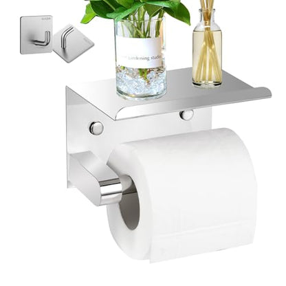Self Adhesive Toilet Paper Holder with Phone Shelf Stainless Steel | Wall Mounted, Rustproof, 3M Adhesive, Includes 2 Hooks, No Drilling Required - color: Shiny
