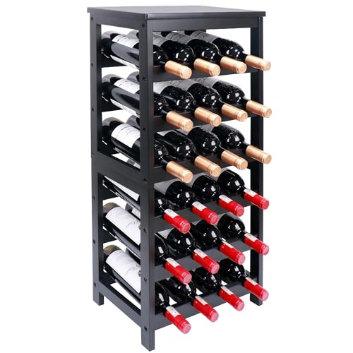 Wine Rack Free Standing Floor, 6-Tier 24 Bottles Display Wine Storage Shelves with Table Top, Easy-Assembly Freestanding Bamboo Wine Racks for Kitchen Dining Room Bar, Black - color: 6 Tiers Black, size: 32.28 in