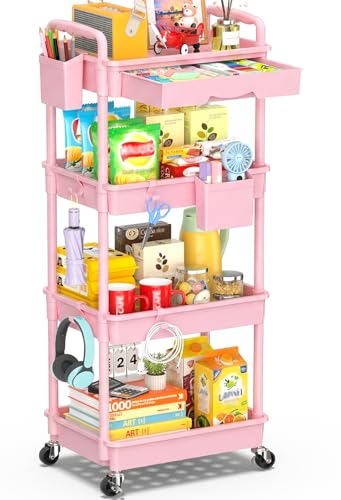 SUNALLY 4 Tier Rolling Utility Cart with Drawer, Storage Organizer Cart with 2 Lockable Wheels, Multifunctional Rolling Storage Cart for Bathroom, Kitchen, Craft, Makeup, Baby Essentials, Pink - color: Pink, size: 4 Tier