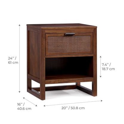 Teamson Home Hatteras 20" W Nightstand with 1 Deep Drawer and Open Shelf Storage in Coastal Modern Style, Ball Bearing Glides, Pine Wood Frames and MDF with Rattan, Walnut Finish | 1 Deep Drawer, Open Shelf Storage, Coastal Modern Style, Ball Bearing Glid
