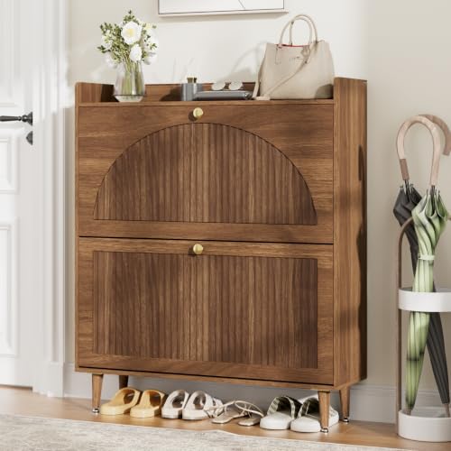 Shoe Storage Cabinet with 2 Flip Drawers, Shoe Organizer Storage with Adjustable Shelves, Freestanding Hidden Slim Narrow Shoe Rack Cabinet for Entryway, Foyer, Hallway, Living Room (Walnut) - color: Walnut